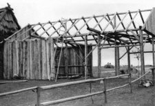 A half-timbered barn