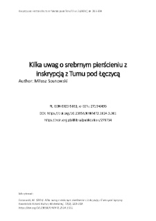 Kilka uwag o srebrnym pierścieniu z inskrypcją z Tumu pod Łęczycą