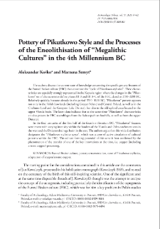 Pottery of Pikutkowo Style and Processes of Eneolithisation of &ldquo;Megalithic Cultures&rdquo; in the 4th Millennium BC