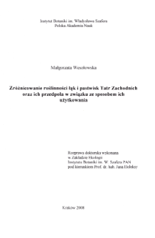 Zr&oacute;żnicowanie roślinności łąk i pastwisk Tatr Zachodnich oraz ich przedpola w związku ze sposobem ich użytkowania
