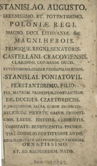 Stanislao Augusto [...] Regi Sapienti Carmen Lyricum Officia Regis Complexum