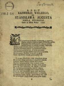 List Kazimierza Wielkiego Do Stanisława Augusta Krola Polskiego Dnia 8. Maia Roku 1777