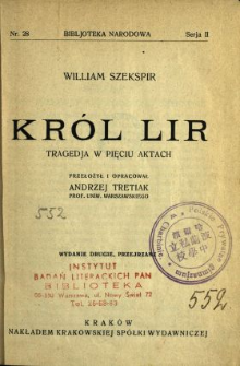 Kr&oacute;l Lir : tragedja w pięciu aktach