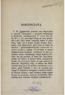 Sobiesciana : [Incipit] P. W. Gąsiorowski przysyła nam dopełnienie w sprawie wiadomości o przyjęciu Sobieskiego w Krakowie ...