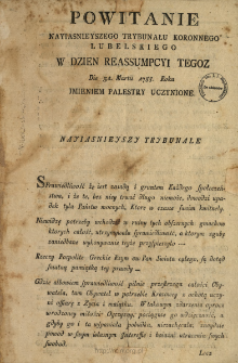Powitanie Nayiasnieyszego Trybunału Koronnego Lubelskiego W Dzien Reassumpcyi Tegoz Die 31. Martii 1788. Roku Imieniem Palestry Uczynione