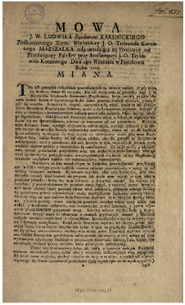 Mowa J. W. Ludwika Fundament Karsnickiego Podkomorzego Ziemi Wieluńskiey, J. O. Trybunału Koronnego Marszałka odpowiadaiąca na Powitanie od Przeświętney Palestry przy Reassumpcyi J. O. Trybunału Koronnego Dnia 4go Września w Piotrkowie Roku 1779. Miana.