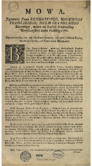 Mowa Jegomości Pana Rzewuskiego, Woiewody Podolskiego, Hetmana Polnego Koronnego, miana na Radzie Senatorskiey Warszawskiey Roku Pańskiego 1761.