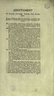 Addytament Do Artykułu pierwszego Ułożenia Rady Nieustaiącey : Excerpta z Konstytucyi Anni 1775. sciągaiące się do obierania Konsyliarzow y Marszałka Rady Nieustaiącey tudzież Kommissarzy skarbowych