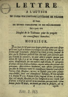 Lettre A L'Auteur De L'Essai Sur L'Histoire Litt&eacute;raire De Pologne Au Sujet Du Second Paragraphe De Ses Pr&eacute;liminaires Qui a pour titre N&eacute;cessit&eacute; de la Tol&eacute;rance pour les progr&egrave;s des connoissances humaines