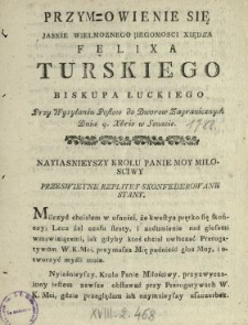 Przym-owienie [!] Się Jasnie Wielmoznego Iegomosci Xiędza Felixa Turskiego Biskupa Łuckiego Przy Wysyłaniu Posłow do Dworow Zagranicznych Dnia 9. Xbris w Senacie