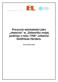Poczucie wzniosłości jako "otwarcie" w " Dzienniku mojej podr&oacute;ży z roku 1769" Johanna Gottfrieda Herdera