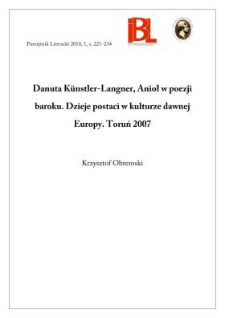 Danuta Künstler-Langner, Anioł w poezji baroku. Dzieje postaci w kulturze dawnej Europy. Toruń 2007