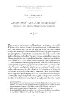 „Agezylausz” jako „Agis Spartańczyk”. Nieznany odpis dramatu Juliusza Słowackiego