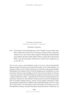 Powr&oacute;t Fausta. Rec.: Ernst August Friedrich Klingemann, Faust. Tragedia w pięciu aktach, przekład i wstęp księcia Edwarda Lubomirskiego, wydanie polsko-niemieckie, redakcja tomu, opracowanie tekstu, przypisy i bibliografia Łukasz Zabielski...