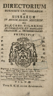 Directorium Horarum Canonicarum Et Missarum In Annum Domini 1794