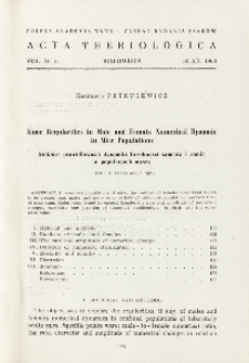 Some regularities in male and female numerical dynamic in mice populations; Niekt&oacute;re prawidłowości dynamiki liczebności samc&oacute;w i samic w populacjach myszy