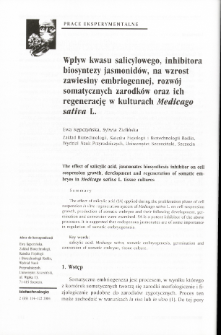 Wpływ kwasu salicylowego, inhibitora biosyntezy jasmonidów, na wzrost zawiesiny embriogennej, rozwój somatycznych zarodków oraz ich regenerację w kulturach Medicago sativa L.