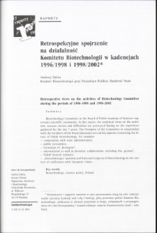 Retrospekcyjne spojrzenie na działalność Komitetu Biotechnologii w kadencjach1996/1998 i 1998/2002