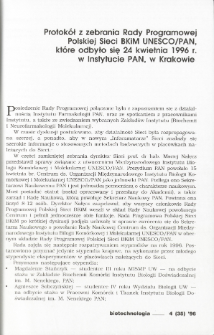 Protok&oacute;ł z zebrania Rady Programowej Polskiej Sieci BKiM UNESCO/PAN, kt&oacute;re odbyło się 24 kwietnia 1996 r.w Instytucie PAN, w Krakowie