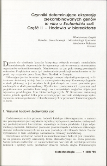 Factors influencing expression of recombinant genes in vitro in E. coli. Part II. Culture conditions In bioreactor