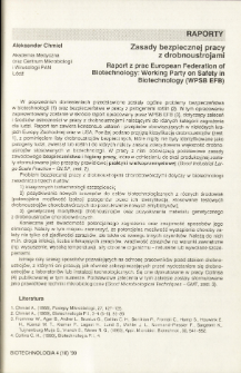 Zasady bezpiecznej pracy z drobnoustrojami. Raport z prac European Federation of Biotechnology: Working Party on Safety in Biotechnology (WPSB EFB)
