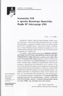 Stanowisko PFB w sprawie Ramowego Stanowiska Rządu RP dotyczącego GMO