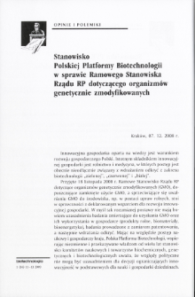 Stanowisko Polskiej Platformy Biotechnologii w sprawie Ramowego Stanowiska Rządu RP dotyczącego organizm&oacute;w genetycznie zmodyfikowanych