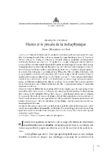 Hume et le proces de la m&eacute;taphysique = Hume: Metaphysics on Trial