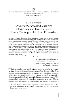 "Deus sive Natura". Ernst Cassirer&rsquo;s Interpretation of Baruch Spinoza from a &ldquo;Geistesgeschichtliche&rdquo; Perspective
