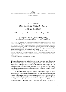 Homo homini deus est &ndash; homo homini lupus est. Some Remarks concerning Hobbes&rsquo; View of Human Nature