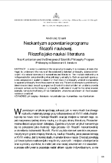 Neokantyzm a powstanie programu filozofii naukowej. Filozofia jako nauka i literatura = Neo-Kantianism and the Emergence of Scientific Philosophy Program. The Philosophy as Science and Literature