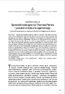"Sprawiedliwość agrarna" Thomasa Paine&rsquo;a i powstanie dyskursu egalitarnego = Thomas Paine's "Agrarian Justice" and the Birth of Egalitarian Discourse