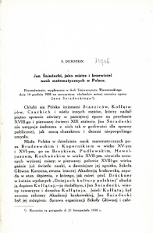 Jan Śniadecki, jako mistrz i krzewiciel nauk matematycznych w Polsce : przem&oacute;wienie wygłoszone w Auli Uniwersytetu Warszawskiego dnia 14 grudnia 1930 [r.] na uroczystym obchodzie setnej rocznicy zgonu Jana Śniadeckiego
