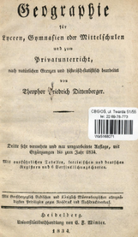 Geographie f&uuml;r Lyceen, Gymnasien oder Mittelschulen und zum Privatunterricht, nach nat&uuml;rlichen Grenzen und Historisch-statistisch bearbeitet