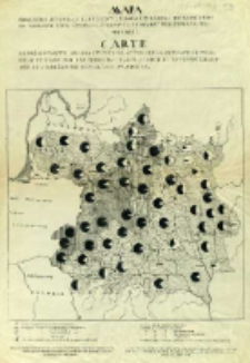 Mapa obrazująca stosunek ilościowy ludności polskiej do rosyjskiej na obszarze ziem litewsko-białoruskich dawnej Rzeczypospolitej Polskiej = Carte repr&eacute;sentante les quantit&eacute;s relatives de la population Polonaise et Russe sur les terrains de la Lithuanie et routhenie blache de l'ancienne R&eacute;publique Polonaise.