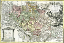 Principatus Silesiae Oelsnensis in suos districtus Oels Bernstadt et Trebnitz divisi exactissima tabula geographica exhibens insimul circumjacentes dynastias liberas Trachenberg et Militsch cum statibus minoribus Freyhain, Nevschlos, Gosch&uuml;tz et Zulauf