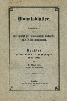 Monatsbl&auml;tter. Register zu den ersten 20 Jahrg&auml;ngen 1887-1906