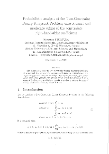 Probabilistic analysis of the Two-Constraint Binary Knapsack Problem, case of small and moderate values of the constraints right-hand-sides coefficients