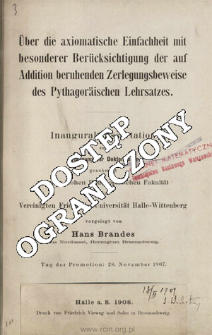 Über die axiomatische Einfachheit mit besonderer Berücksichtigung der auf Addition beruhenden Zerlegungsbeweise des Pythagoräischen Lehrsatzes