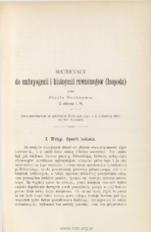 Materyały do embryogenii i histogenii r&oacute;wnonog&oacute;w (Isopoda) (z tablicami I-VI)