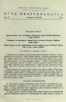 Spostrzeżenia nad ornitofauną północnej części Beskidu Śląskiego w zimie 1956/57