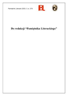 Do redakcji "Pamiętnika Literackiego"