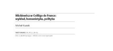 Mickiewicz w Coll&egrave;ge de France: wykład, humanistyka, polityka