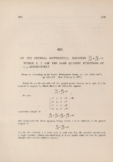On the general differential equations dx/&radic;X+dy/&radic;Y=0, where X, Y are the same quartic functions of x, y respectively