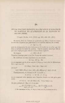 Sur la solution explicite de l'&eacute;quation quadratique de Hamilton en quaternions ou en matrices du second ordre