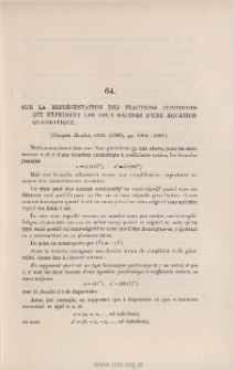 Sur la repr&eacute;sentation des fractions continues qui expriment les deux racines d'une &eacute;quation quadratique
