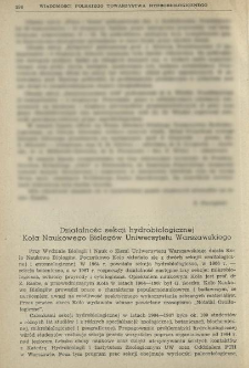Działalność sekcji hydrobiologicznej Koła Naukowego Biolog&oacute;w Uniwersytetu Warszawskiego