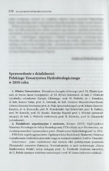 Sprawozdanie z działalności Polskiego Towarzystwa Hydrobiologicznego w 2010 roku