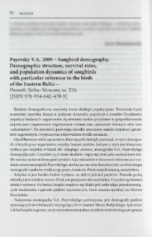 Payevsky V.A. 2009 - Songbird demography. Demographic structure, survival rates, and population dynamics of songbirds with particular reference to the birds of Eastern Baltic - Pensoft, Sofia-Moscow, ss. 228. [ISBN 978-954-642-470-9]
