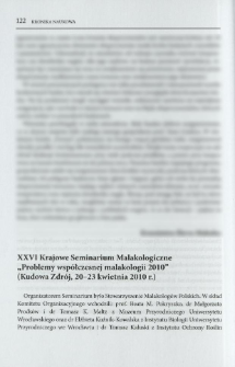 XXVI Krajowe Seminarium Malakologiczne "Problemy wsp&oacute;łczesnej malakologii 2010" (Kudowa Zdr&oacute;j, 20-23 kwietnia 2010 r.)